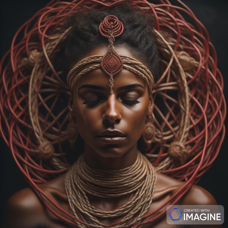 A figure held in rope under warm low light, the body arranged with a quiet, ceremonial care